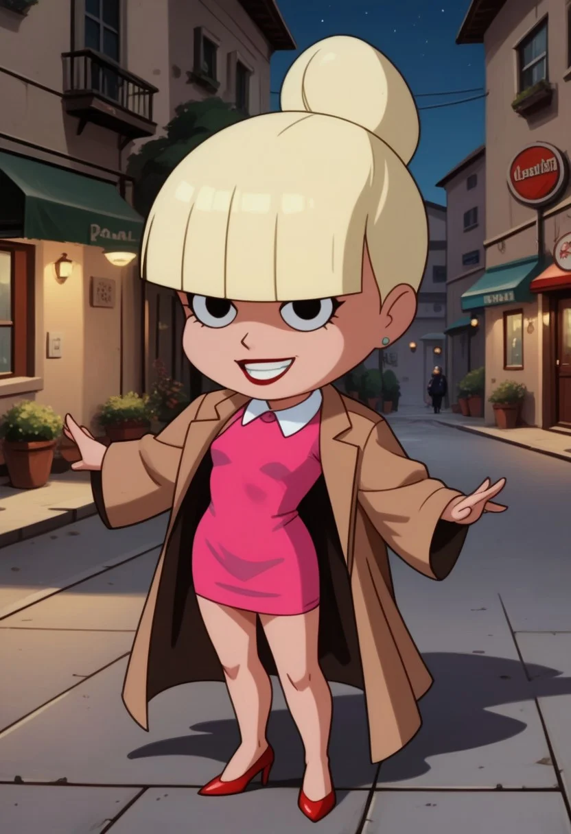 score_9, score_8_up, score_7_up, score_6_up, score_5_up, Mary_Dahl_Mature, blonde hair, blunt bangs, single hair bun, hair bun, black eyes, 1girl, solo, (chibi:0.9), (very short, short), (full length dress:1.1, pink dress), high heels, grin, slim, small legs, small ears, high heels, full body, detailed background, outdoors, street, night, trechcoat, open coat. neolight