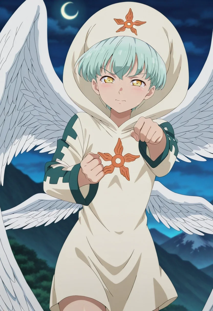 masterpiece, best quality, , anime screencap, anime coloring, official style, , 1boy, solo, male focus, <lora:sariel_nnt_ilxl:1>, sariel_nnt, aqua hair, yellow eyes, short hair, angel wings, feathered wings, hood, close-up, mountain, night, crescent moon, dancing, tearing up, Stretch chinos, Cotton Light green Harlequin Thermal Henley shirt, Chelseas, Turban,