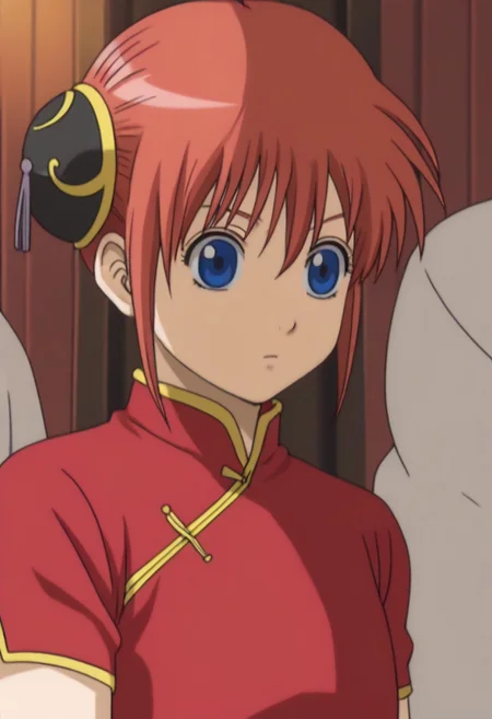 <lora:Kagura:0.8>blue eyes, red hair, Kagura red cheongsam with yellow piping outfit, Chinese clothes, double bun, bun cover, China dress,