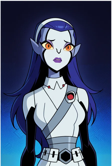 <lora:rookshar-10:1> rookshar, blue hair, colored skin, yellow sclera, long hair, 1girl, purple lips, white hairband, pointy ears, white suit, black sleeves, masterpiece, best quality, amazing quality, very aesthetic, absurdres, newest,, upper body, halftone effect, white borders, abstract background:1.2,