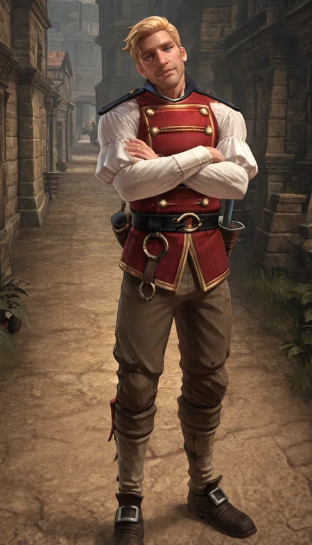 masterpiece,best quality,absurdres,newest,perfect quality,best quality,absolutely eye-catching,detailed background,intricate details,male focus,solo,<lora:Fable 3 - Ben Finn - Illustrious_1-000005:0.8>,bfinn,1boy,mature male,blue eyes,blonde hair,red military uniform shirt,puffy sleeves,long sleeves,brown belt,brown pants,shin guards,brown shoes,looking at viewer,outdoors,head tilt,hands crossed arms,