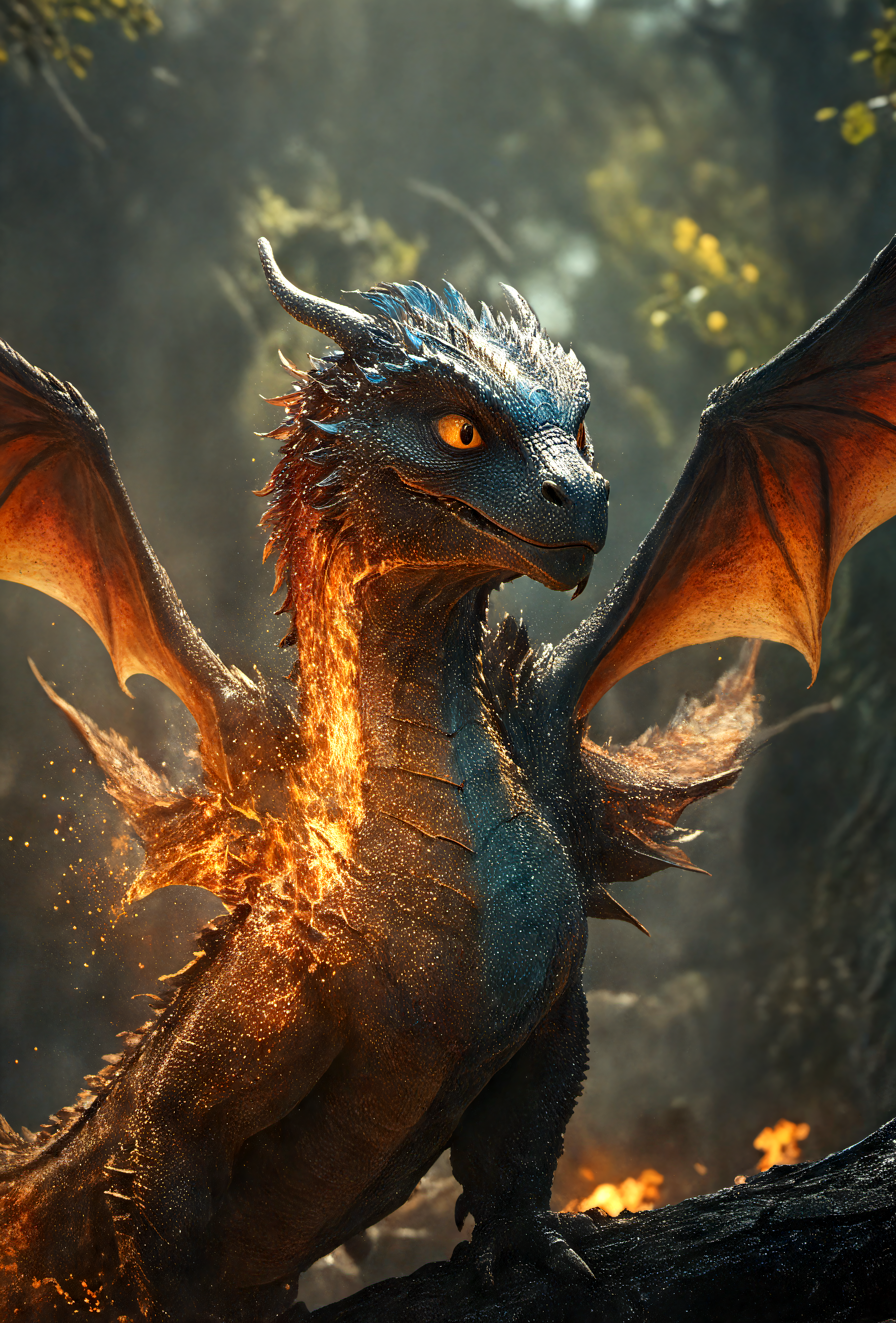 cinematic film still the mighty dragon rises on wings of fire.  It lives in an alternate universe, background is dark adding vivid contrast to the dragon's bright skin, hyperdetailed, intricate textures, glow effects . shallow depth of field, vignette, highly detailed, high budget, bokeh, cinemascope, moody, epic, gorgeous, film grain, grainy
