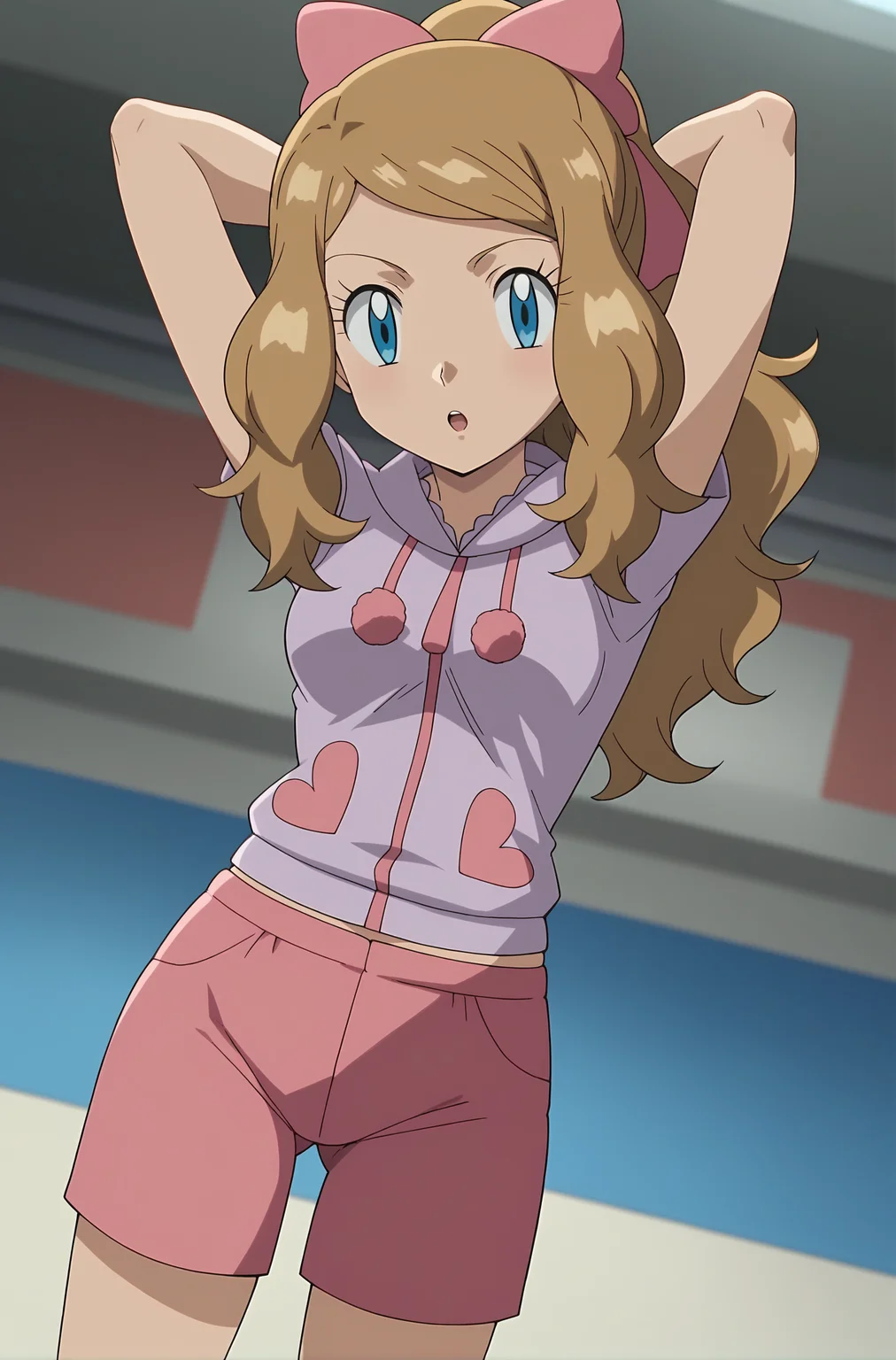 score_9, score_8_up, score_7_up, source anime, anime, animification, anime screencap, anime coloring, vivid colors, shiny skin, skindentation, deep skin, depth of field, high quality, highres, (dynamic angle,dynamic pose),
serenapajamas, 1girl, solo, long hair, looking at viewer, blue eyes, short sleeves, bedroom, brown hair, ponytail, hair bow, shorts, armpits, pink bow, arms behind head, pink shorts, serena \(pokemon\)
BREAK
masterpiece,high quality
<lora:Serena_Pajamas_XL:0.9>