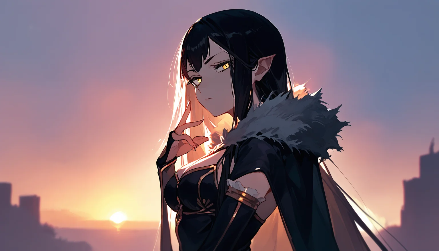 (score_9,score_8_up,score_7_up),
semiramis \(fate\), black dress, fur trim, bridal gauntlets, cleavage, yellow eyes,
looking back, looking at viewer, (ancient mesopotamian city:1.2), (from above:0.8), depth of field,
backlighting, river,
sunset, light particles, sunbeam, (bloom:1.2), chromatic aberration,
expressionless, closed mouth,
upper body,
solo focus,
<lora:semiramis_pony_lora:1>