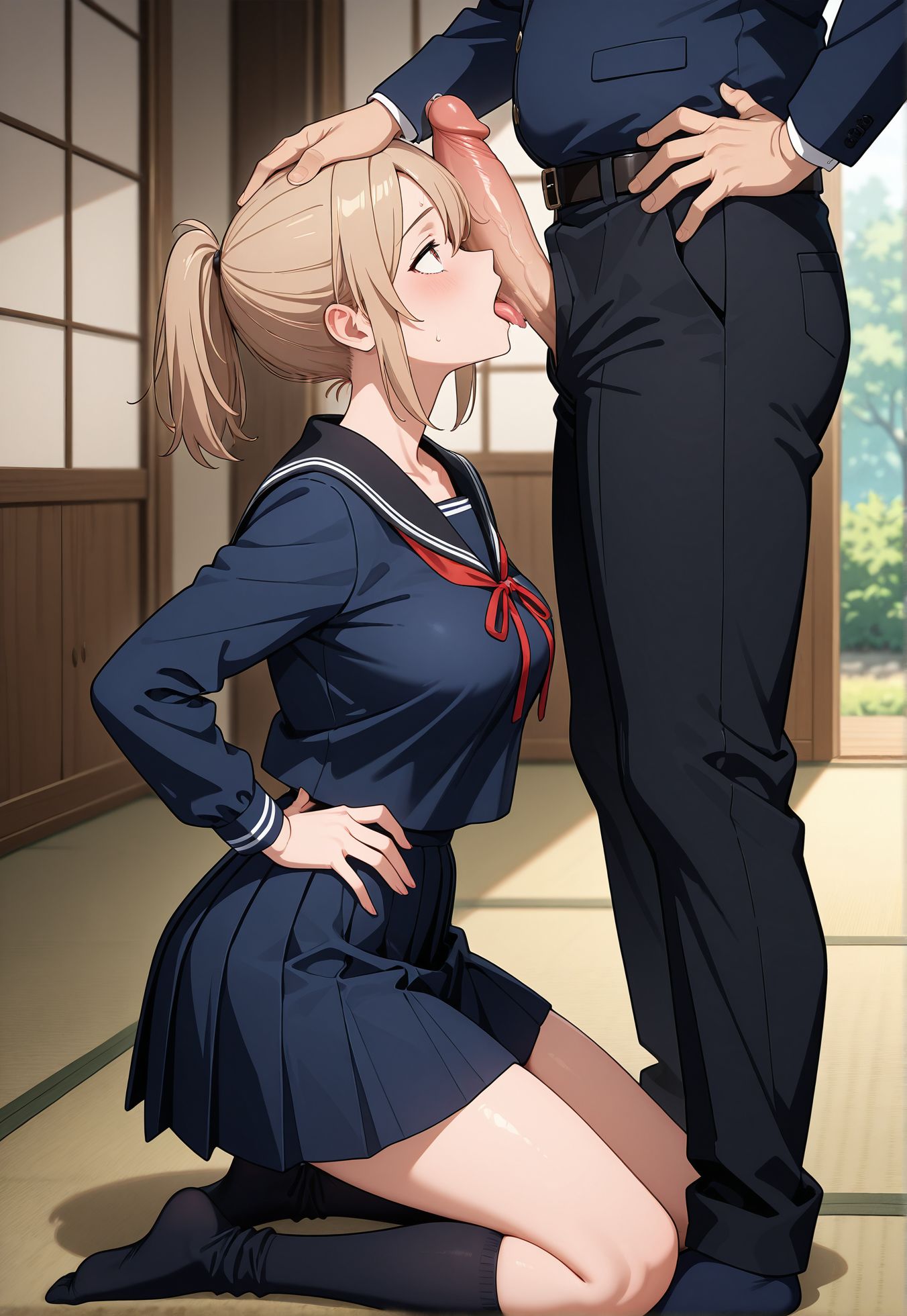 masterpiece,best quality,amazing quality,very aesthetic,absurdres,newest, huge filesize,
<lora:spo_sdxl_10ep_4k-data_lora_webui:0.5>,anime coloring, 
1girl, 1boy, hetero, head grab,from side, close up,  erection, penis, penis on face, hand on own hip, 
old japan house, tatami,   on kneeling, looking at another, looking up, standing male, 
nervous sweating, penis awe, huge penis,   licking penis,  
<lora:AKI_Lonely_Castle_in_the_Mirrorr:0.7>
BREAK
AKI,
light brown hair female,medium breasts, sexy body,  half-closed eyes, 
short hair,tied hair, 
black sailor uniform,navy blue outfit, long sleeves, 
red ribbon,
 ponytail, 
loose socks female, miniskirt, pleated skirt, sexy leg, 
sitting pose female,
BREAK
1boy, father,ugly man,suit, black pants, (black socks male),