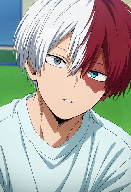 masterpiece, best quality, intricate details, anime screencap, anime coloring, official style, , depth of field, 1boy, solo, male focus, <lora:shouto_todoroki_ilxl:0.96>, shouto_todoroki, white hair, red hair, grey eyes, blue eyes, heterochromia, short hair, hair between eyes, bangs, multicolored hair, two-tone hair, split-color hair, burn scar, scar on face, ,