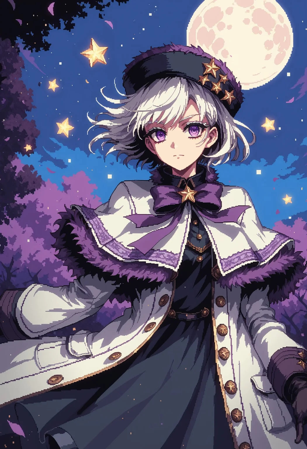 score_9, score_8_up, score_7_up, purple eyes, white hair, very short hair, white eyelashes, peacoat, long coat, white coat, bow, purple fuzzy hat, fur-trimmed capelet, fur-trimmed coat, gloves, pastel blue background, full moon, stars, wind, emotionless, cowboy shot, facing viewer, d3p1x3l, pixel art, HZLZVZ