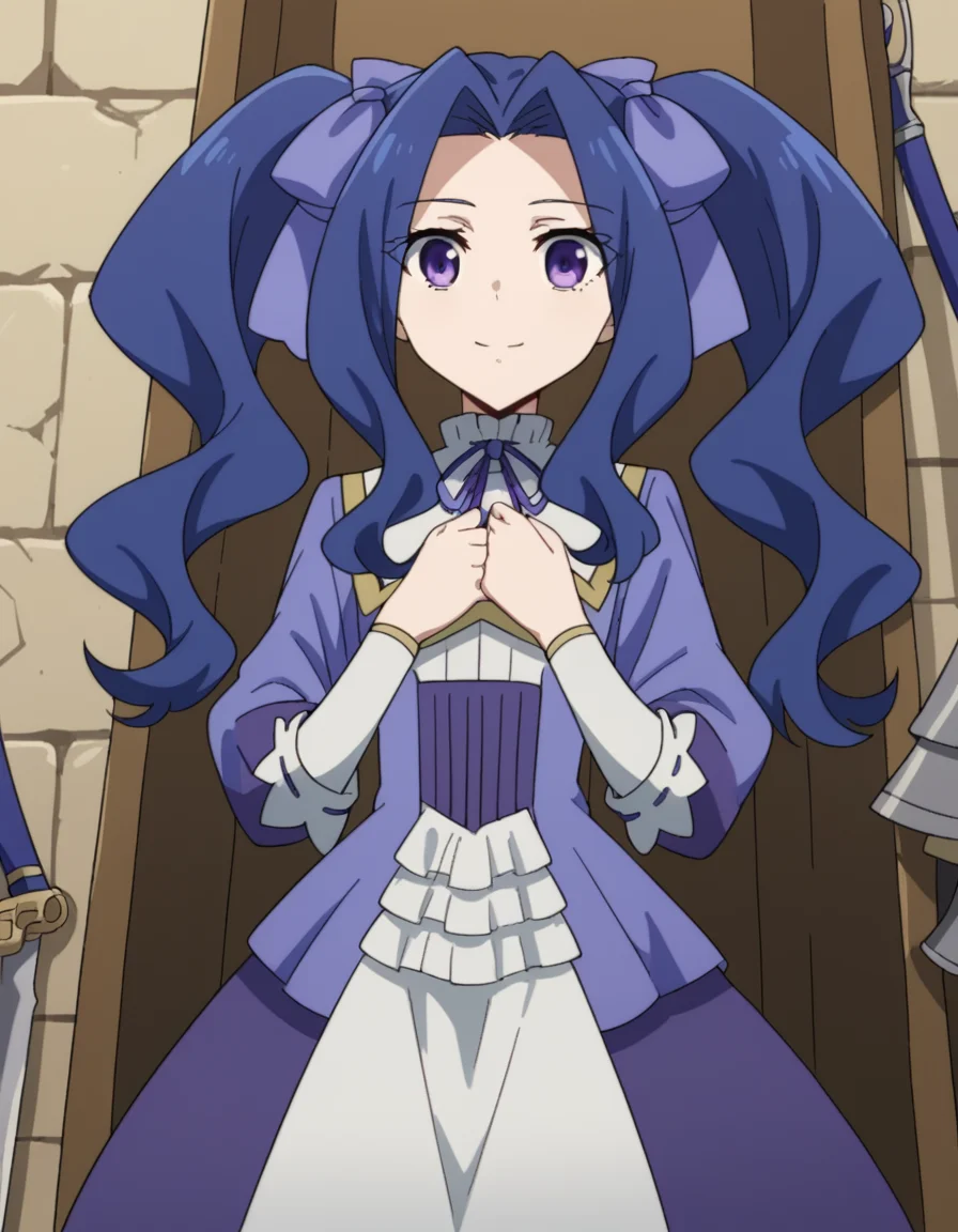 score_9, score_8_up, score_7_up, source_anime, <lora:melty-q-melromarc-s1-ponyxl-lora-nochekaiser:1>, melty q melromarc, long hair, ribbon, twintails, blue hair, purple eyes, hair ribbon, purple ribbon, parted bangs,, long sleeves, dress, frills, ribbon trim, purple dress,, armory, weapons, armor, storage racks, military, smile, hands on own chest,, looking at viewer, solo,, dutch angle, cowboy shot