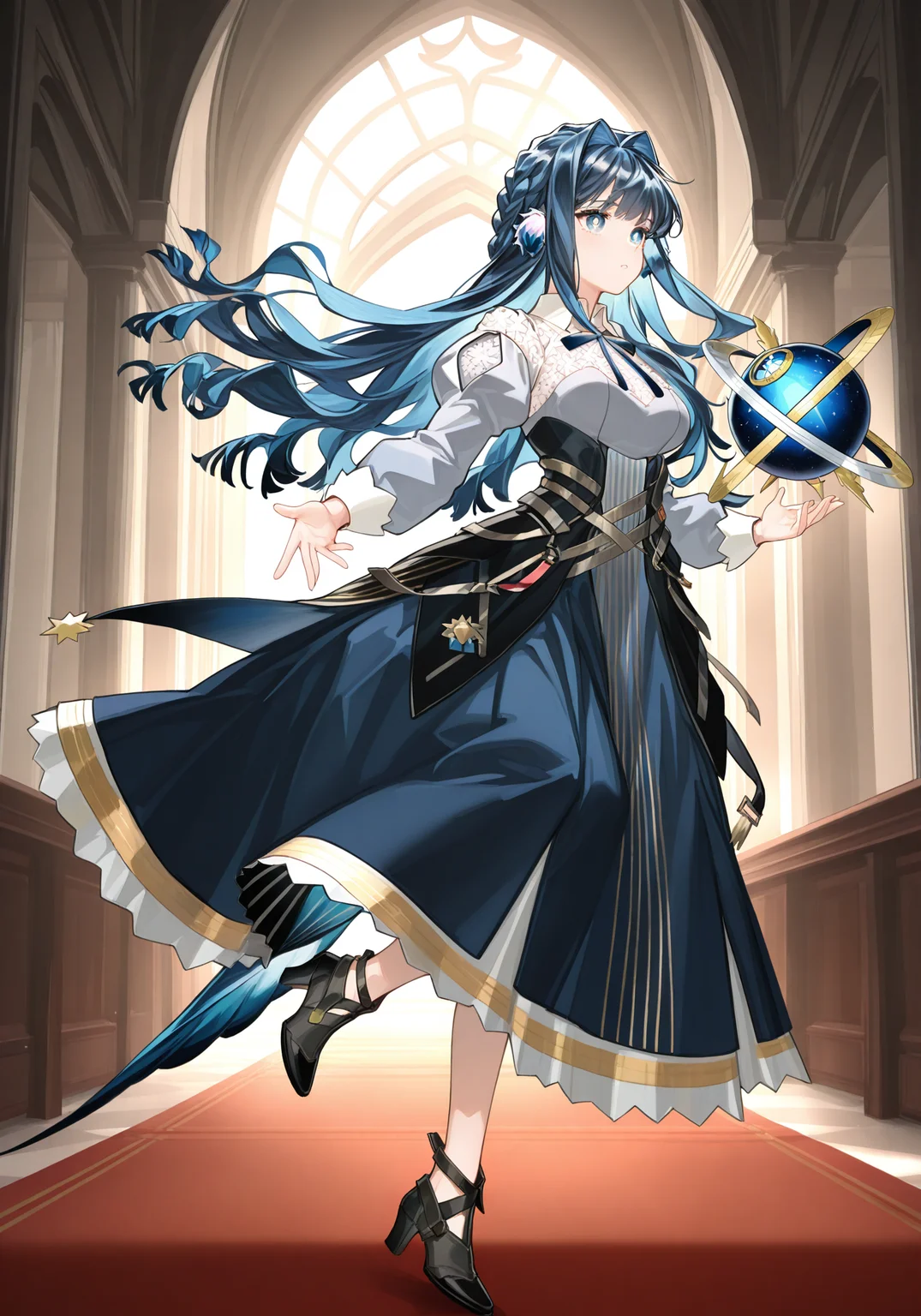 arknightsgame,arkbg,masterpiece,best quality,amazing quality,very aesthetic,high resolution,ultra-detailed,absurdres,
1girl,solo,Astesia,blue eyes,white pupil,bird tail,long hair,blue hair,bird girl,medium breasts,
astesia_\(arknights\),white collared shirt,black long skirt,black high heel boots,blue neck ribbon,
df globe,indoors,dynamic pose,
<lora:AstesiaILREV1.0-000003:1>,arkbg,<lora:ArknightsGameStyleILV1:0.8>,