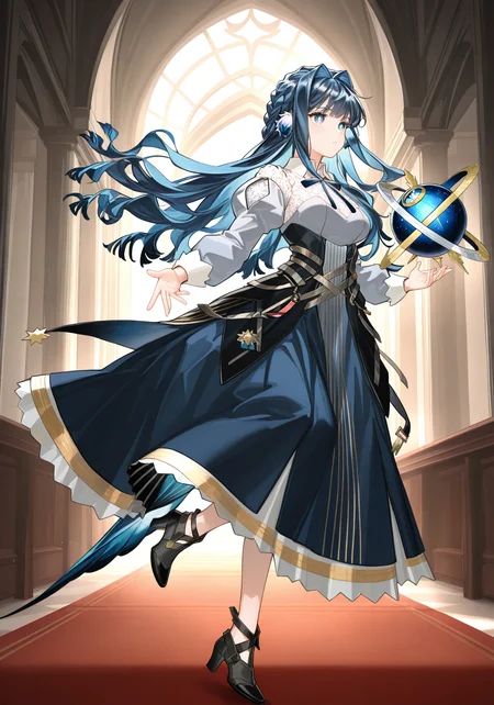 arknightsgame,arkbg,masterpiece,best quality,amazing quality,very aesthetic,high resolution,ultra-detailed,absurdres,
1girl,solo,Astesia,blue eyes,white pupil,bird tail,long hair,blue hair,bird girl,medium breasts,
astesia_\(arknights\),white collared shirt,black long skirt,black high heel boots,blue neck ribbon,
df globe,indoors,dynamic pose,
<lora:AstesiaILREV1.0-000003:1>,arkbg,<lora:ArknightsGameStyleILV1:0.8>,