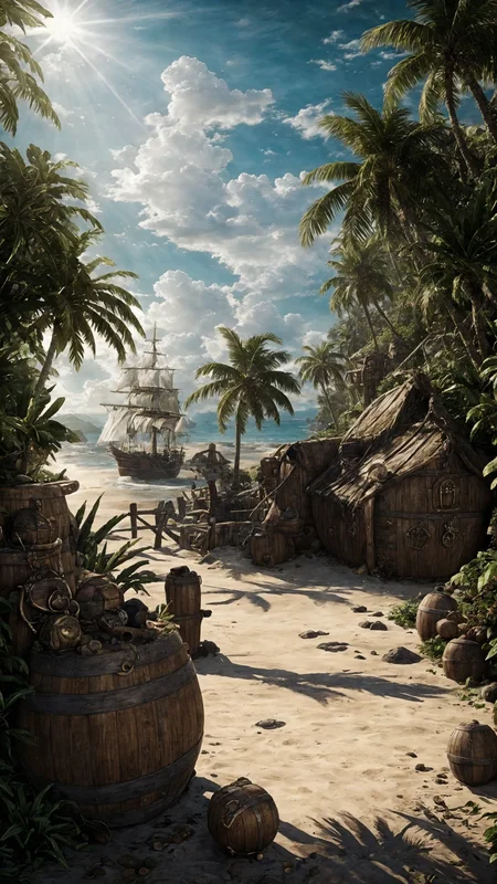 (illustration:1.2), (beautiful caribbean beach pirate landscape), fantasy, sharp focus, (ultradetailed), (ship galleon:1.2), pirate (village), leafy beach coast, (treasure chest with coins, gems and jewels, rum barrel, best quality masterpiece, bright sunny sky, backlight, natural lights, high contrast, hdr, shadows, pretty, beautiful, (PirateDiffusionprt:0.5), <lora:Pirate:0.3> PrateT <lora:PirateRealms:0.3> <lora:Detail Tweaker LoRA add_detail:0.7> <lora:depth_of_field_slider_v1:5> <lora:SDXLrender_v2.0:0.8>