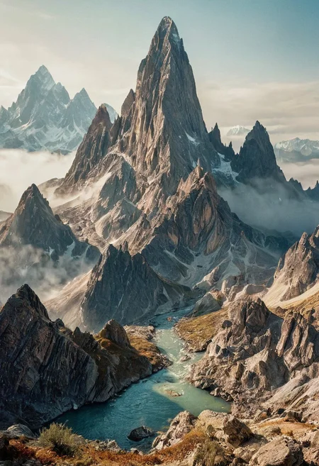 towering mountains loom, their peaks veiled in mist.precious stones,  intricate details, natural lighting, volumetric lighting maximalist. intricately detailed, complex, elegant, expansive, fantastical, film photography style,  medium grain, FRESHIDESH Moebius comic book