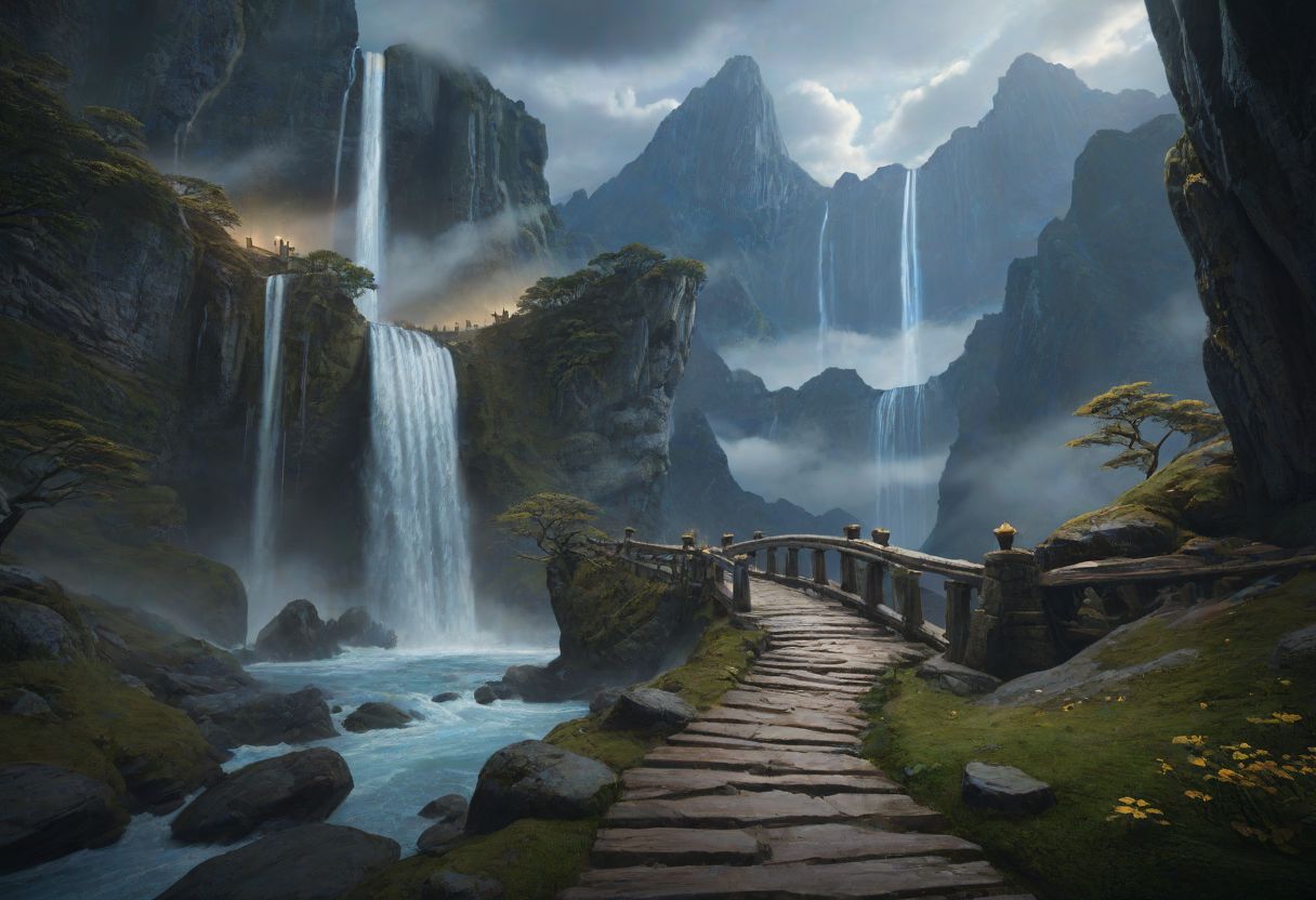 masterpiece, best quality, ultra detailed, professional light, cinematic lighting, ambient lighting, atmospheric effects, photorealistic, epic landscape, high fantasy, waterfall, mountains, cliff, bridge, Kintsugi style path, clouds