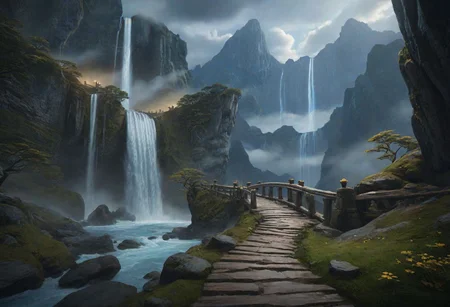 masterpiece, best quality, ultra detailed, professional light, cinematic lighting, ambient lighting, atmospheric effects, photorealistic, epic landscape, high fantasy, waterfall, mountains, cliff, bridge, Kintsugi style path, clouds