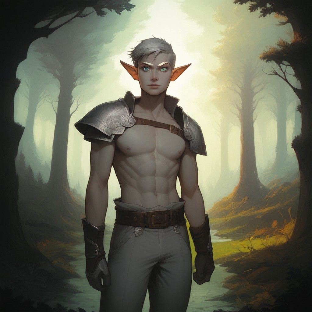 (score_9, score_8_up:1.1), score_7_up, score_9, score_8_up, score_8, score_7_up, standing, (((full body))), dynamic angle, facing viewer, sheathed sword on back, sheathed sword, sheathed sword over shoulder, weapon ((hilt)) over shoulder, 1boy, solo, sexy, athletic, abs:0.5, shoulder armor, chest strap, bare chest, vox machina style, gauntlets, belt, loose pants, solo, at night, warlock, fantasy, forest background, (dynamic lighting:1.1) ((masterpiece)), detailed eyes, (((detailed iris))), pupils, perfecteyes, perfect eyes, best quality, ((masterpiece)), male, sharp cheekbones, gaunt face, defined cheekbones, 28 years old, (adult, mature), masculine, handsome, hard face, slight smile, ((thin lips)), (half_elf:0.5), dark elf, (((grey skin))), white hair, (((short hair))), professional, (legion haircut), military haircut, crew cut, (short cut sides), (short bangs), (((white eyebrows))), light eyebrows, ((((pale grey ((((short)))) tipped ears)))), pointed_ears:0.5, ((short pointed ears)), eyebrow scar on left side of face, cheek scar, ((detailed turquoise eyes))