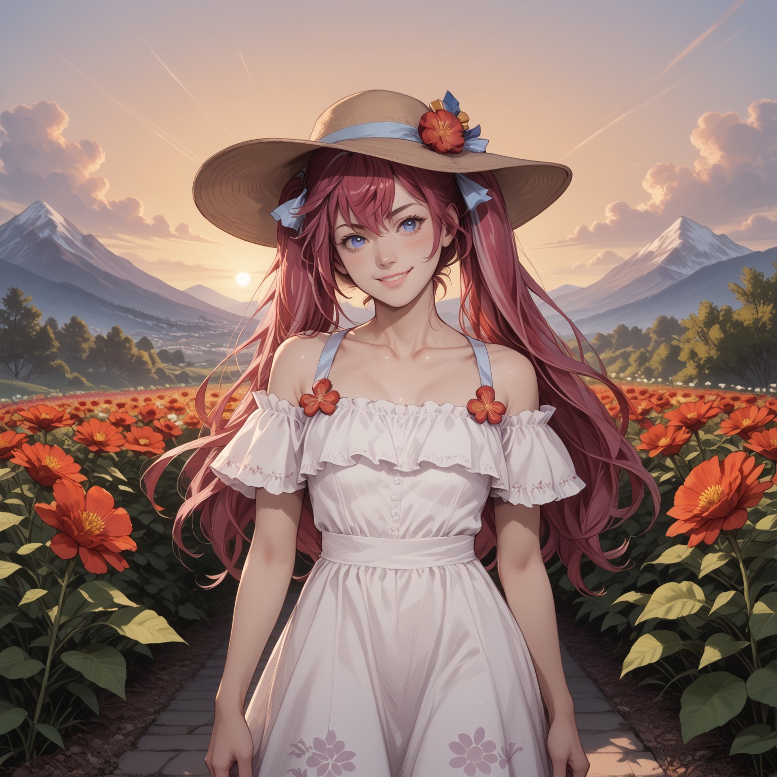 safe_pos, safe_pos, safe_pos, safe_pos, safe_pos, safe_pos, safe_pos, score_9, score_8_up, score_8, score_7_up, score_7, ExpressiveH, full body
BREAK
1girl, solo, Botan, blue eyes, pink hair, red hair, bangs, hair ornament, long hair, hair bun, CMitSBotan, wide hat, twintails, hair ribbons, white dress, flower, collarbone, broad hips, looking at viewer, head tilt, seductive look, aroused, horny, standing, oiled skin, hand in hair, looking at viewer, lips parted, blushing, mischievous smile
BREAK
Garden, sunset, orange sky, purple sky, mountainous horizon