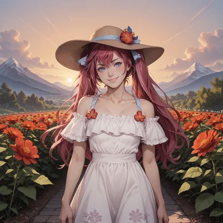 safe_pos, safe_pos, safe_pos, safe_pos, safe_pos, safe_pos, safe_pos, score_9, score_8_up, score_8, score_7_up, score_7, ExpressiveH, full body
BREAK
1girl, solo, Botan, blue eyes, pink hair, red hair, bangs, hair ornament, long hair, hair bun, CMitSBotan, wide hat, twintails, hair ribbons, white dress, flower, collarbone, broad hips, looking at viewer, head tilt, seductive look, aroused, horny, standing, oiled skin, hand in hair, looking at viewer, lips parted, blushing, mischievous smile
BREAK
Garden, sunset, orange sky, purple sky, mountainous horizon
