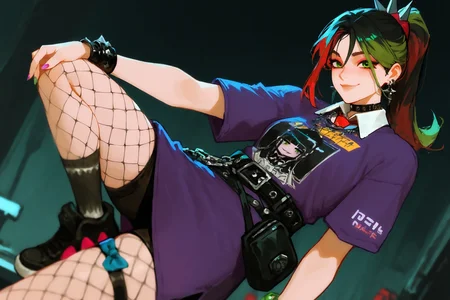 (masterpiece, best quality, absurdres, highres), solo, imtdhelsiexl, 1girl, multicolored hair, black hair, green hair, red hair, ponytail, green eyes, dress, bracelet, collared shirt, spikes, necktie, fishnets pantyhose, freckles, streaked hair, belt, choker, multicolored nails, thigh strap, belt pouch, cross earrings, eyeshadow, dress print, sneakers, socks, smile, closed mouth.,very aesthetic,amazing quality,high resolution,depth of field,ultra-detailed

