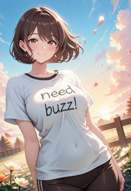 masterpiece, best quality, amazing quality, anime coloring ,BREAK source_anime, anime, rating_safe,
frontal angle, close up, from frontal, ((half-length)) shot,
look at the viewer
MILF
woman,
((mature woman))
1milf,
40 years,
wavy hair,
((bob  cut)),
brown hair,
medium breasts.
(breasts:0.4),
hair in the wind,
hazel eyes,
(chubby:0.2),
shiny skin, glossy skin,
BREAK
white shirt,
(((need_buzz))), (((T-shirt that says "BUZZ")))
black yoga pants, 
BREAK
breathless,
embarassed,
smile,
morning, soft light, sunset,
garden background, wooden fence, scattered flowers,flower petals in the air,
professional (4k, uhd, masterpiece, best quality, high quality, absurdres, ultra-detailed),Intricate, Complex contrast, HDR,OverallDetail, absurdres, 4k, ultra sharp, ultra detailed, high contrast, good contrast,  depth of field,