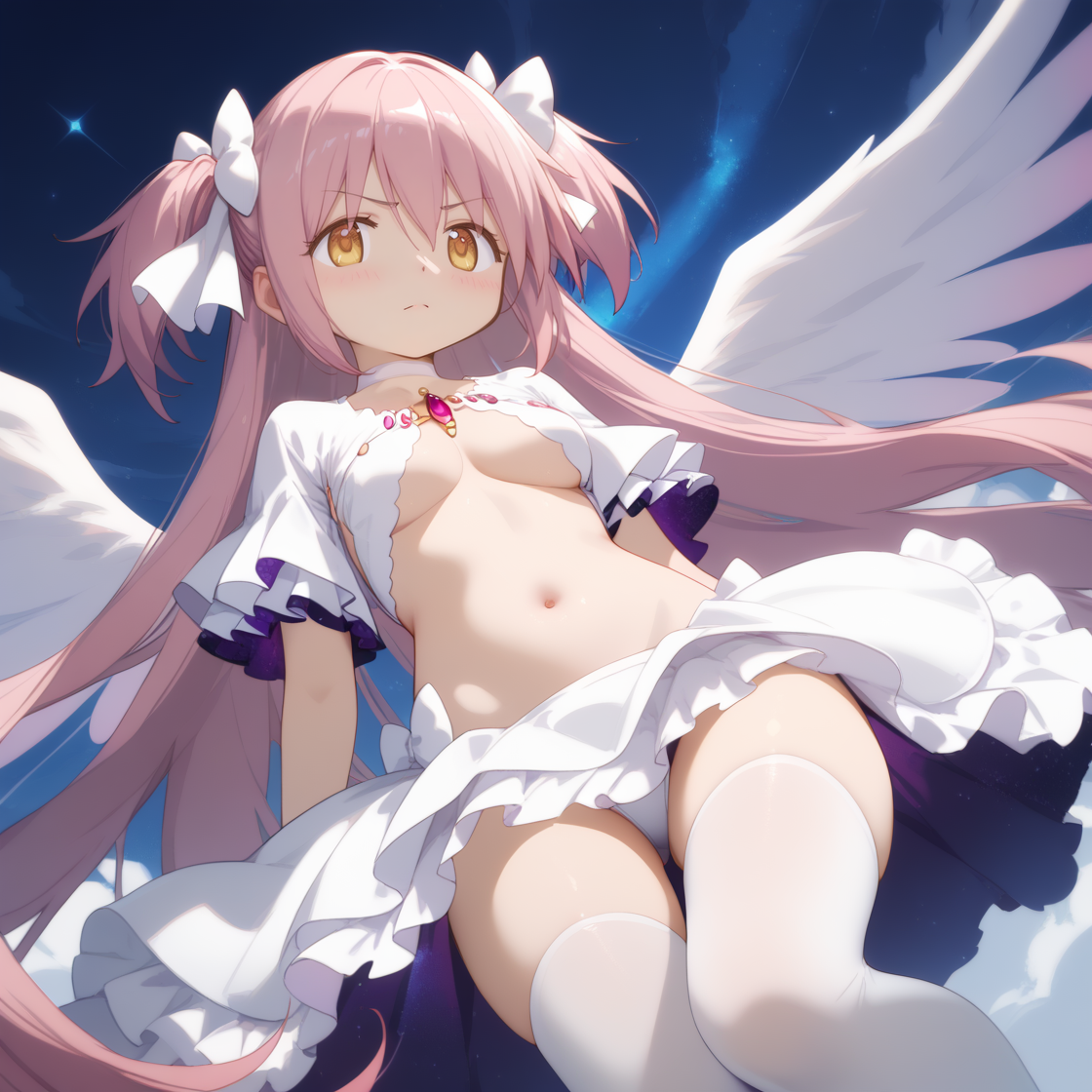 (score_9,score_8_up,score_7_up) BREAK uncensored BREAK 1girl,(medium breasts:1.2),
disgust,scowl,closed mouth,
BREAK
BREAK
BREAK
BREAK
BREAK
BREAK
BREAK
BREAK <lora:Madoka-Madoka_Kaname-PDXL:1>,<lora:madoka_god:lbw=js>,(ultimate madoka,kaname madoka,long hair,pink hair,very long hair,bangs,hair between eyes,two side up,white bow,yellow eyes),(choker,white choker,gloves,white gloves,underboob,underwear,clothing cutout,cleavage cutout,covered navel,wide sleeves,frills,dress,white dress,frilled dress),(thighhighs,white thighhighs),angel wings,starry sky print,flying,from_below,(hugging_own_legs:1.3),extreme dangling,