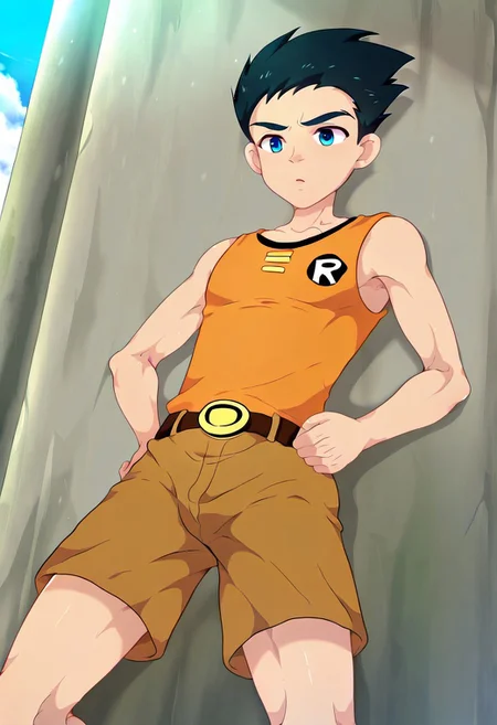 1boy, robin_titans, black hair, blue eyes, boy, solo, young man, small body, brown shorts, outdoor, sunny day, clear sky, avarage height, strong leg, medium build body, orange tank top, plain color tank top, plain tank top, lean body, mikkoukun, male focus
