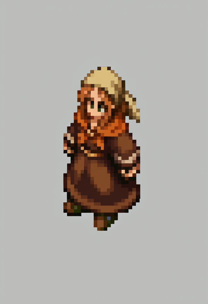 score_9, score_8_up, score_7_up, source_anime, BREAK, solo, 1girl, <lora:FFT-SpritesV2-pdxl_Fp:1>, looking at viewer, from side, full body, standing, solid oval eyes, no mouth, no nose, pixel art, <lora:Fates-villager-maiden-pdxl_Fp:1>, fatesvillagemaiden, ponytail, bandana, brown hair, green eyes, brown shirt, long sleeves, neckerchief,