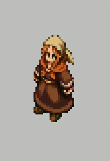 score_9, score_8_up, score_7_up, source_anime, BREAK, solo, 1girl, <lora:FFT-SpritesV2-pdxl_Fp:1>, looking at viewer, from side, full body, standing, solid oval eyes, no mouth, no nose, pixel art, <lora:Fates-villager-maiden-pdxl_Fp:1>, fatesvillagemaiden, ponytail, bandana, brown hair, green eyes, brown shirt, long sleeves, neckerchief,