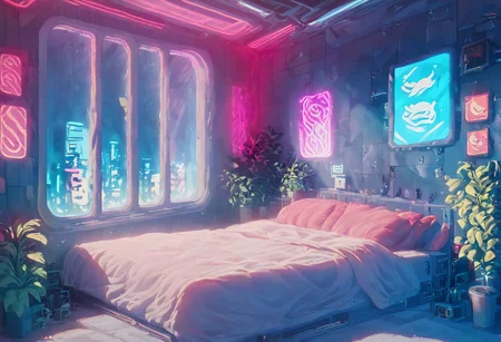 score_9,score_8_up,score_7_up,score_6_up, 
steaming coffee cup on windowsill, plants on the windowsill, wall of plants, monstera plant, large plant, tidy bedrrom, small room, cramped bedroom, teddies on the bed, cyberpunk city view out of the window, neon light, purple neon lights,
