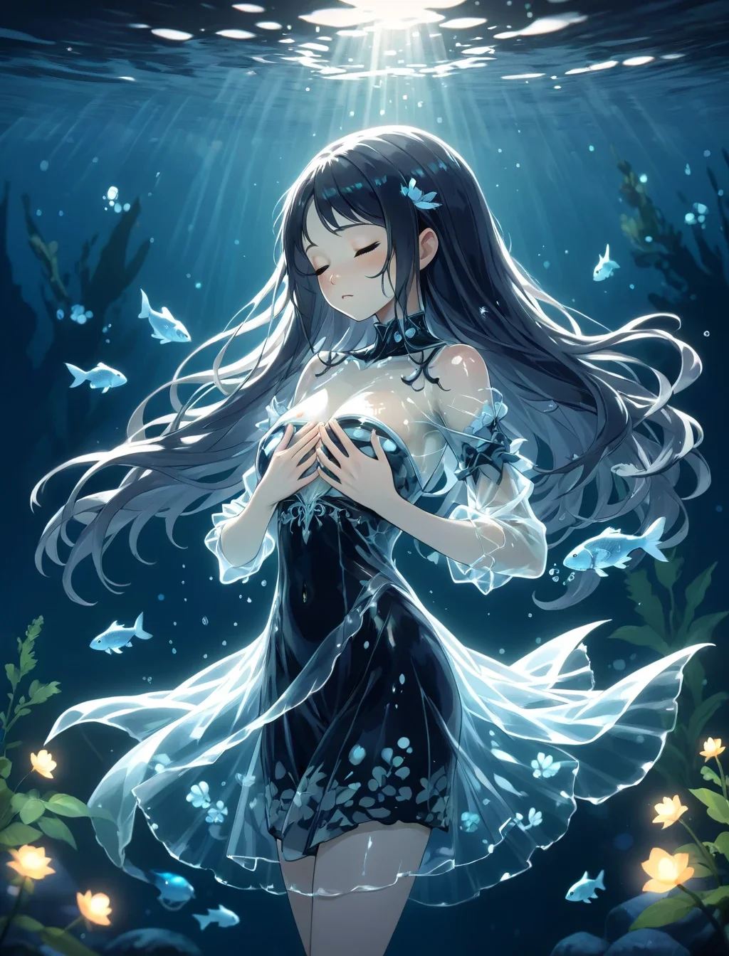 Girl with a spirit of water in her body, (hands on own breasts:1.5), (flat chest:2.0), transparent body, transparent skin, vail, (closed eyes:1.5), transparent skin, lake, submerged, underwater, scenery, absurdly long hair, portrait, midnight, fish
BREAK
anime, illustration, 
(Bokeh, depth of field:1.5), (transparent, translucent, see-through:1.3), cinematic shadow, (reflection, refraction:0.5),
ambient occlusion, bloom, natural lighting, soft lighting, glowing,
concept art, official art, official wallpaper, production art, promotional art,
masterpiece, best quality, extremely high quality, high quality, ultra quality, detailed, ultra-detailed, extremely detailed, insanely detailed, intricate, extremely intricate, insanely intricate, extremely delicate, insanely delicate, high definition, extremely detailed background
