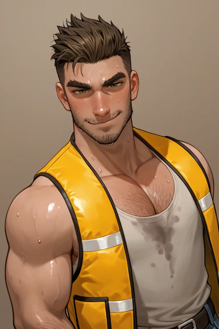expressive manly face, shadow, dynamic angle, intricately detailed, depth of field, masterpiece, best quality, amazing quality, very aesthetic, absurdres, newest, very awa, perfect eyes, detailed eyes, 1boy, make focus, solo,coralderek,brown hair,green eyes,short hair,facial hair,thick eyebrows, yellow construction vest, tank top, jeans, belt, dirty clothes, sweat stain, chest hair, pectoral cleavage, arm hair, standing, portrait, looking at viwer, smirk, smug, sweaty, upper body, simple background