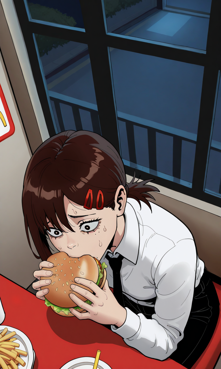 embedding:IllusP0s, f3rn4nd0, eating burger, sitting, from above, mcdonald's, indoors, night, fast food, scared, higashiyama kobeni_\(chainsaw_man\), hair clip, black tie, white shirt, black pants, 1girl, solo, brown hair,<lora:Style_soph-Fernando-ILXL.safetensors:1.0:1.0>
