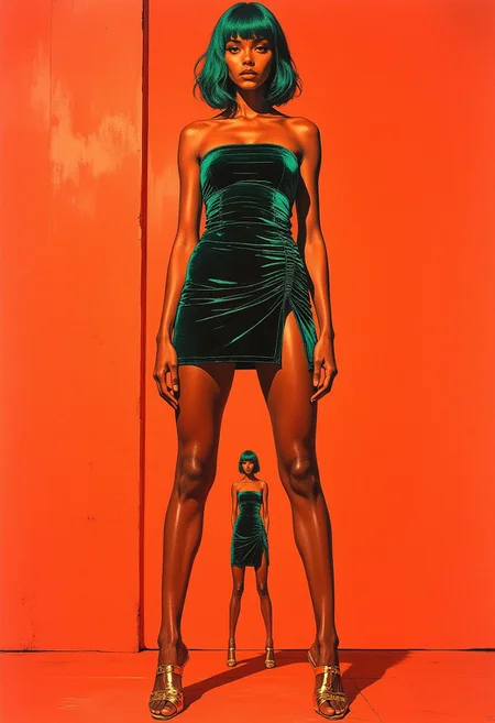 (high-fashion studio artwork with utmost realism) A tall, confident woman with warm caramel skin and striking teal short French bob hair with bangs exudes an aura of modern sophistication. She is dressed in a strapless emerald green velvet mini dress, the ruched bodice perfectly sculpting her slender figure with a rich texture that shimmers under the studio lights. Her vibrant gold high-heeled mules provide a bold contrast, drawing focus to her elongated legs. She stands in a commanding pose, her legs slightly apart, forming a sharp V shape that frames the scene. Within this V stands a smaller, perfectly detailed version of herself, mirroring her pose and attire with flawless precision. Nestled between the legs of the smaller figure is an even tinier version, continuing the visual recursion and creating a hypnotic sense of depth. The background is a vivid coral orange, adding an electrifying contrast to the emerald green and bright gold of her outfit, amplifying her striking presence. The lighting is even and precise, casting soft shadows that highlight the sumptuous velvet fabric, the glossy finish of her shoes, and the intricate layering of the recursive figures. Every detail, from the texture of the dress to the strands of her hair, is rendered with breathtaking realism, blending high fashion with avant-garde artistry. The surreal yet harmonious composition delivers a visually stunning narrative that balances bold creativity with impeccable execution.