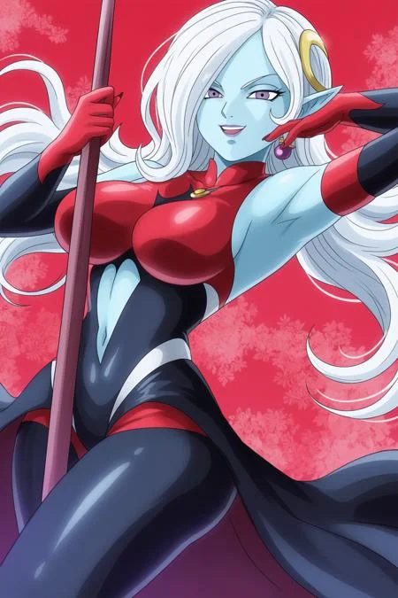 source_anime, score_9, score_8_up, score_7_up, anime screencap, absurdres, official style,
alternate costume, 1girl, solo, hair ornament, long hair, white hair, hair over one eye, blue skin, colored skin, pointy ears, earrings, purple eyes, eyelashes, makeup, lipstick, breasts, underboob, smile, two tone bodysuit, skin tight, black bodysuit, center opening, sleeveless, detached sleeves, red gloves, open skirt, black skirt, fingernails, long fingernails, glowing, glowing skin, hand on own breast, arm up, hand focus, floating clothes, staff, v-shaped eyebrows, v-shaped eyes, from side, looking at viewer, teeth, open mouth, red theme
<lora:towa_pony_v1:0.8>
