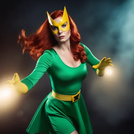 cinematic film still a full body redhead woman wears a green dress and a yellow mask, powerfull superhero <lora:MarvelGirl1024:0.8> . shallow depth of field, vignette, highly detailed, high budget, bokeh, cinemascope, moody, epic, gorgeous, film grain, grainy