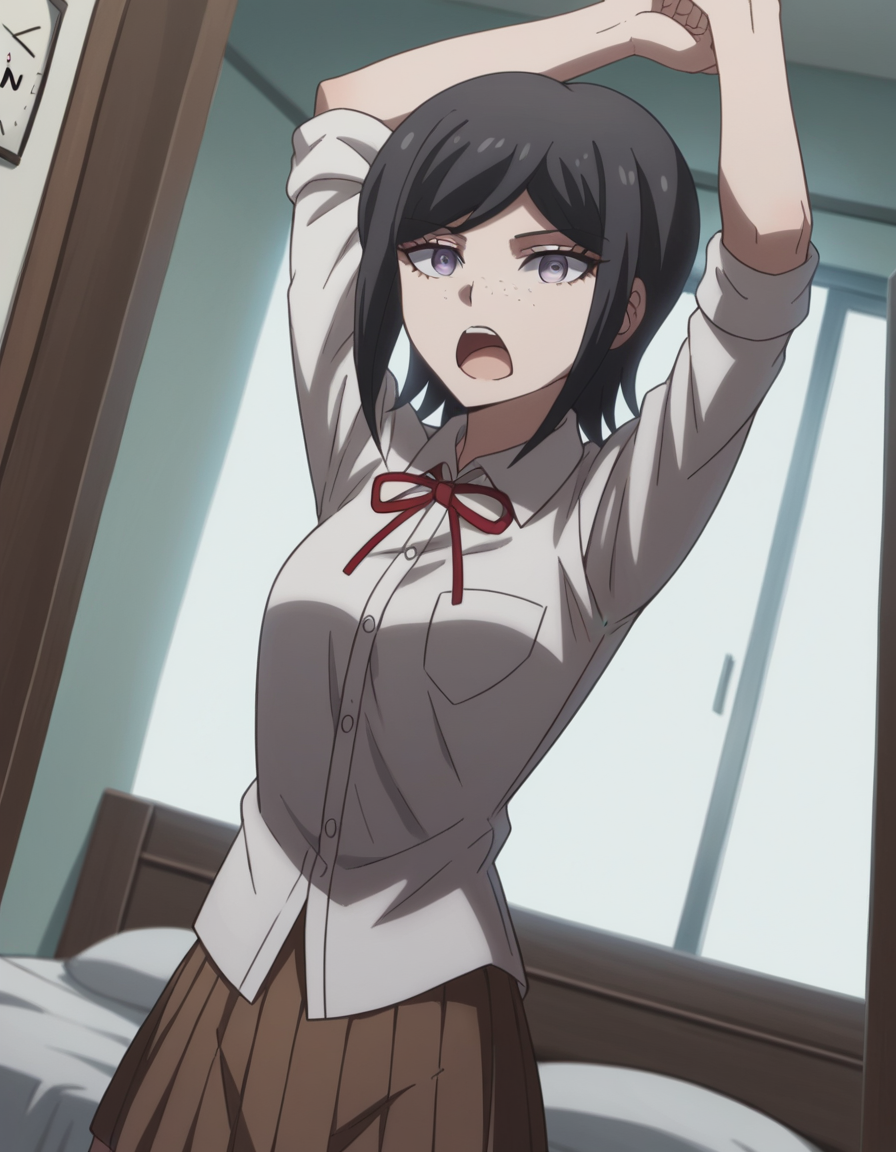 score_9, score_8_up, score_7_up, source_anime, <lora:mukuro-ikusaba-s2-ponyxl-lora-nochekaiser:1>, mukuro ikusaba, short hair, bangs, black hair, freckles, purple eyes,, skirt, shirt, ribbon, school uniform, white shirt, pleated skirt, collared shirt, red ribbon, neck ribbon, grey shirt, sleeves rolled up, brown skirt,, bedroom, alarm clock, morning routine, yawning, stretching, on bed,, , looking at viewer, arm straight out in front, solo,, cowboy shot, dutch angle