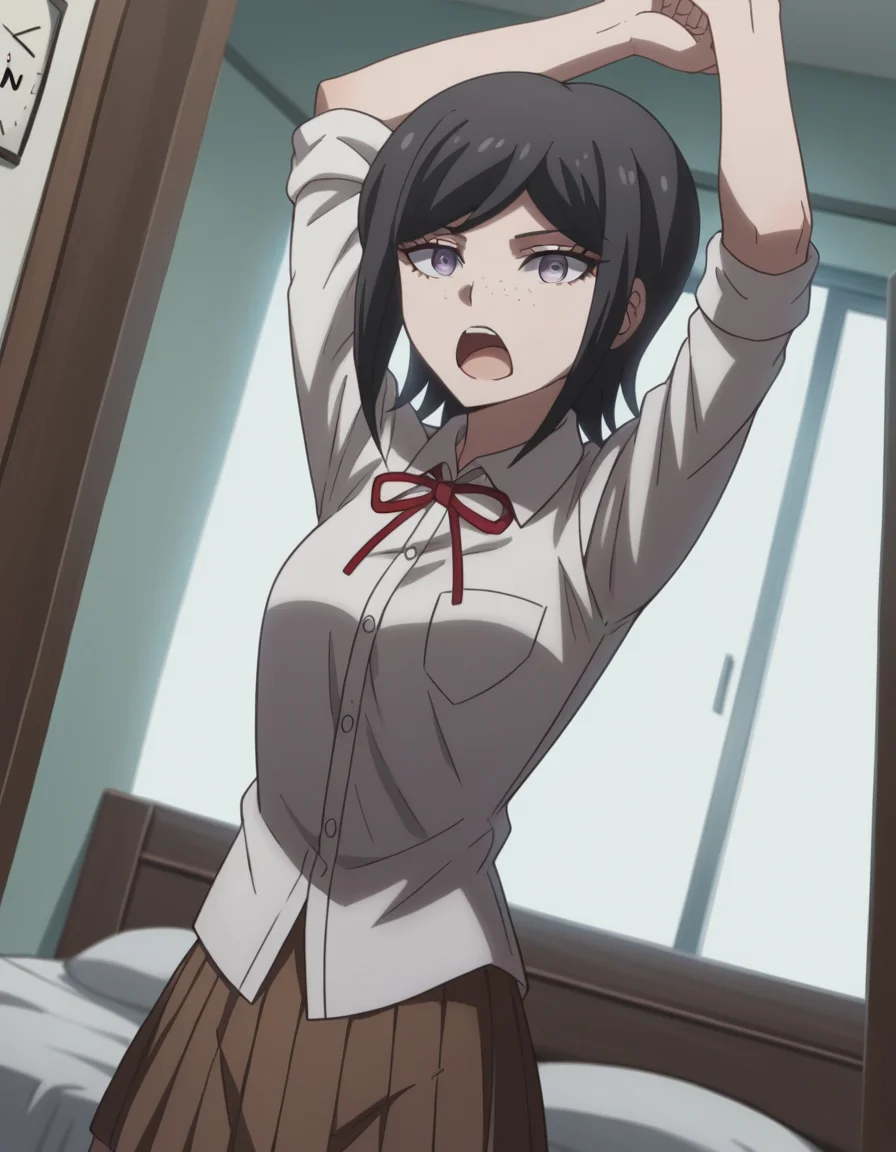 score_9, score_8_up, score_7_up, source_anime, <lora:mukuro-ikusaba-s2-ponyxl-lora-nochekaiser:1>, mukuro ikusaba, short hair, bangs, black hair, freckles, purple eyes,, skirt, shirt, ribbon, school uniform, white shirt, pleated skirt, collared shirt, red ribbon, neck ribbon, grey shirt, sleeves rolled up, brown skirt,, bedroom, alarm clock, morning routine, yawning, stretching, on bed,, , looking at viewer, arm straight out in front, solo,, cowboy shot, dutch angle