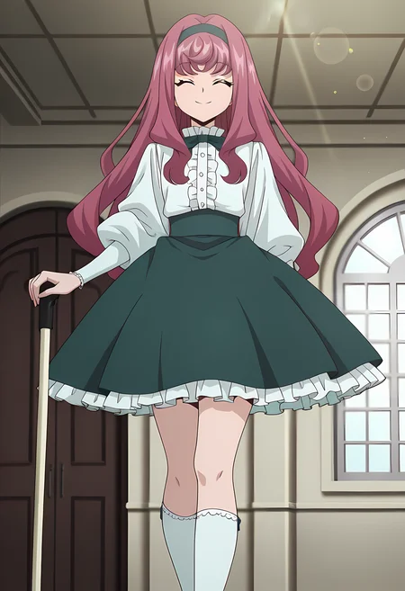 masterpiece,best quality,amazing quality,
1girl, solo,
Mirei Minae (Cardfight Vanguard), long hair, old rose hair, closed eyes,
hairband, white shirt, puffy sleeves, frills, long sleeves, green skirt, frilled skirt, white socks, kneehighs, white walking stick,
cinematic, smile,
Indoors,
Lens flare, bloom,
Official style, anime screencap, anime coloring,