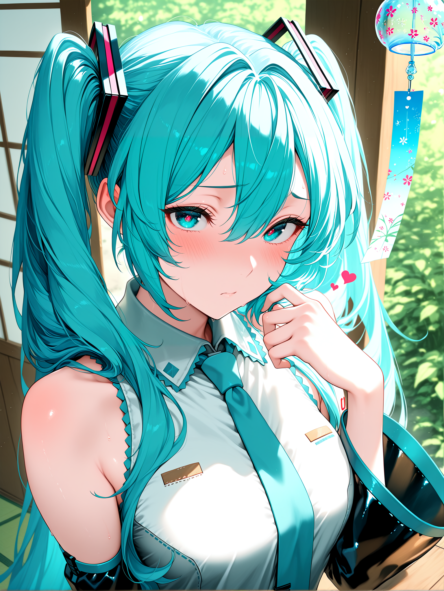 masterpiece, best quality, absurdres, amazing quality <lora:cfg_scale_boost:0.3> <lora:StS-Illustrious-Detail-Slider-v1.0:3> <lora:StS_Age_Slider_Illustrious_v1:3>,detailed_background,outdoors,wind chime,closed mouth,1girl,looking at viewer,sleeveless,detached sleeves,collared shirt,vocaloid,teracha1,hatsune miku,blush,highres,white shirt,black sleeves,blue necktie,solo,heart,sleeveless shirt,twintails,blue eyes,necktie,hair between eyes,long sleeves,blue hair,shirt