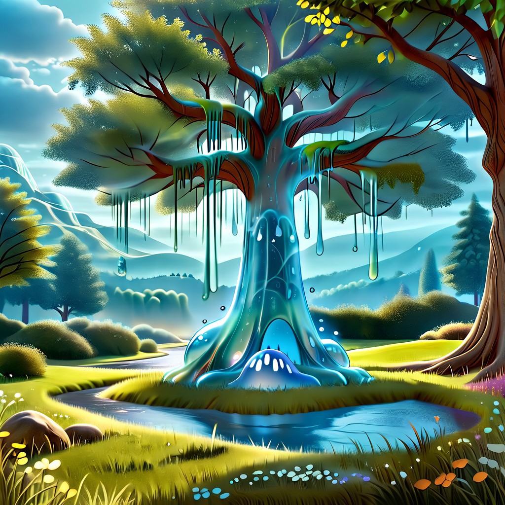 a forest made out of slime, dense-forest, Yggdrasil, a vast tree made out of slime, A large tree made out of slime, brown slime tree, translucent tree, transparent tree, 
everything made of slime, No simple background, ((slime tree)), detailed leaves, detailed bark texture, 
overcast sky, natural light, no bright spots, 
((translucent slime)), ((transparent slime)), (bioluminescent slime), sl1m3, slime, slime-morph, ais-blmn, saturated colors, no creatures, no monsters, no pokemon, scenery only, scenery, ral-lava,
