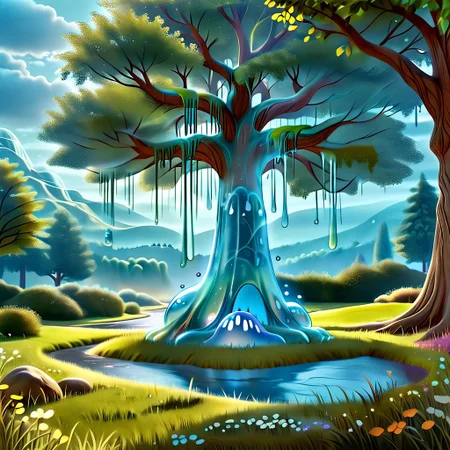 a forest made out of slime, dense-forest, Yggdrasil, a vast tree made out of slime, A large tree made out of slime, brown slime tree, translucent tree, transparent tree,
everything made of slime, No simple background, ((slime tree)), detailed leaves, detailed bark texture,
overcast sky, natural light, no bright spots,
((translucent slime)), ((transparent slime)), (bioluminescent slime), sl1m3, slime, slime-morph, ais-blmn, saturated colors, no creatures, no monsters, no pokemon, scenery only, scenery, ral-lava,