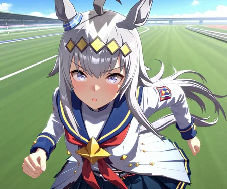 masterpiece, best quality, amazing quality, , 1girl, solo, racetrack, running, <lora:Oguri Cap in game style 3D ILL-v2:1> ummsmingame, 3d, oguri cap \(umamusume\),