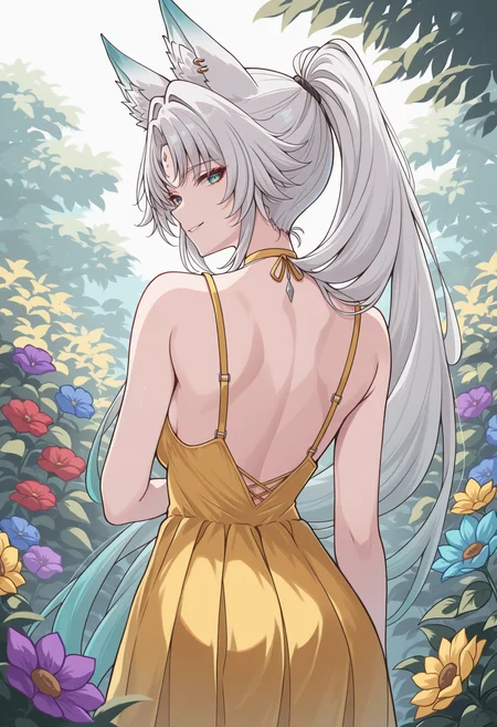 masterpiece, best quality, 1girl, solo, Fe1x10, animal ears, long hair, ponytail, multicolored hair, white hair, red eyeliner, ringed eyes, forehead mark, ear piercing, from behind, outdoors, looking back, smile, yellow sundress, garden, flower, red flower, blue flower, yellow flower, purple flower, hair over shoulder, <lora:ChamFeixiaoIllustriousXL:1>