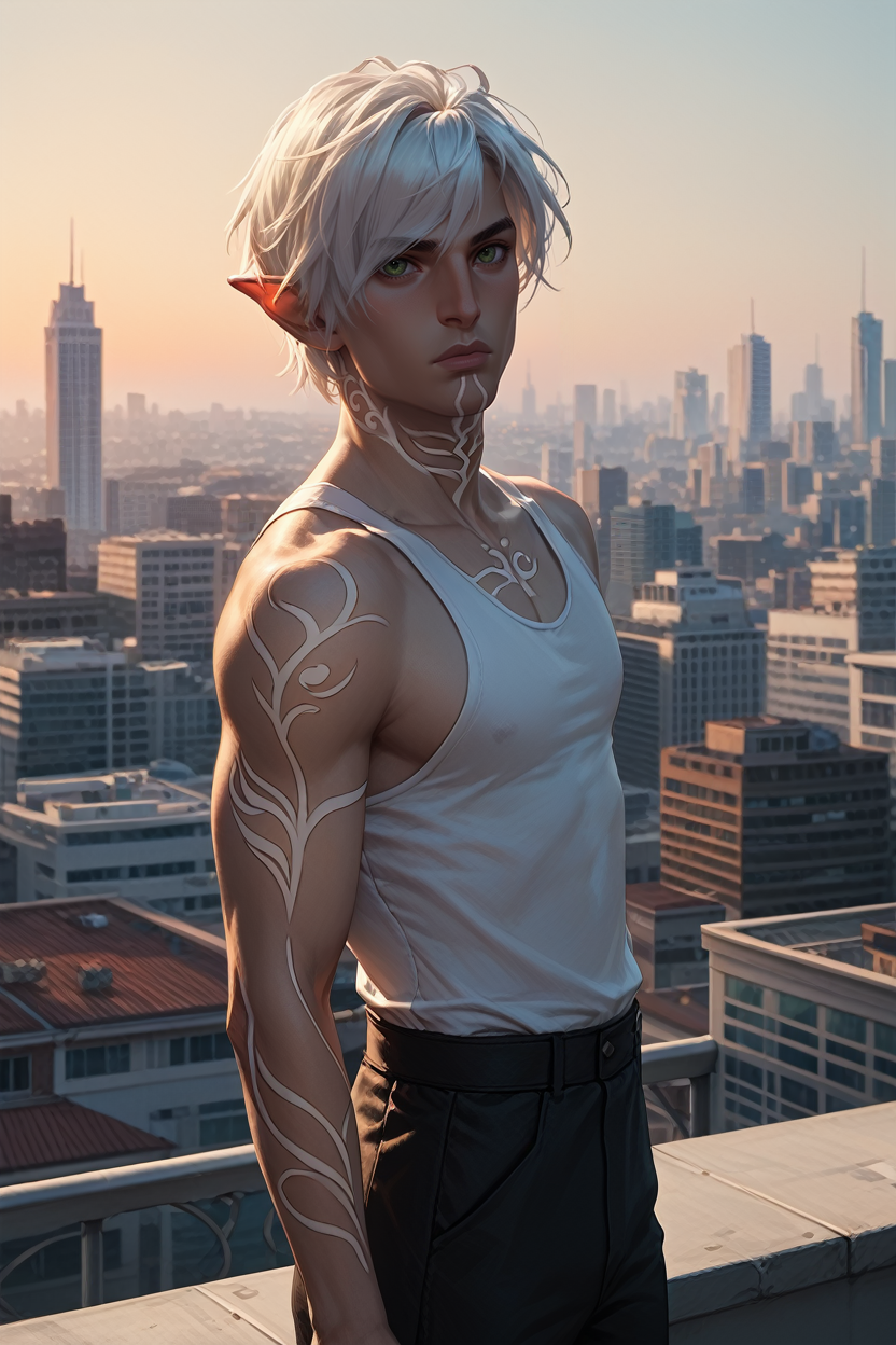 score_9, score_8_up, score_7_up,
<lora:DA2Fenris:1.0>
DA2Fenris, 1boy, white hair, green eyes, white tattoo, pointy ears, looking at viewer, in a tailored suit, standing on a rooftop overlooking a city skyline at sunset, golden hour, wind blowing through his hair, dramatic shadows