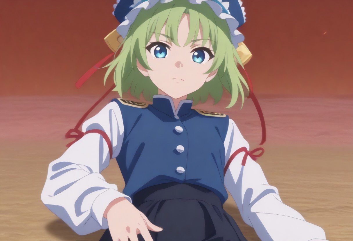 1girl, solo, solo focus, highres, absurdres, shikieiki, green hair, frilled hat, blue eyes, blue headwear, short hair, bangs,
long sleeves, black skirt, white shirt, blue vest, red ribbon, epaulettes, small breasts, arm ribbon, buttons, 
looking at viewer, lying, on back, 
spider lily, flower field, night sky, red sky, dark, red theme,