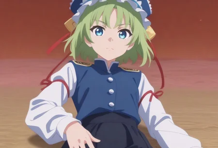 1girl, solo, solo focus, highres, absurdres, shikieiki, green hair, frilled hat, blue eyes, blue headwear, short hair, bangs,
long sleeves, black skirt, white shirt, blue vest, red ribbon, epaulettes, small breasts, arm ribbon, buttons,
looking at viewer, lying, on back,
spider lily, flower field, night sky, red sky, dark, red theme,
