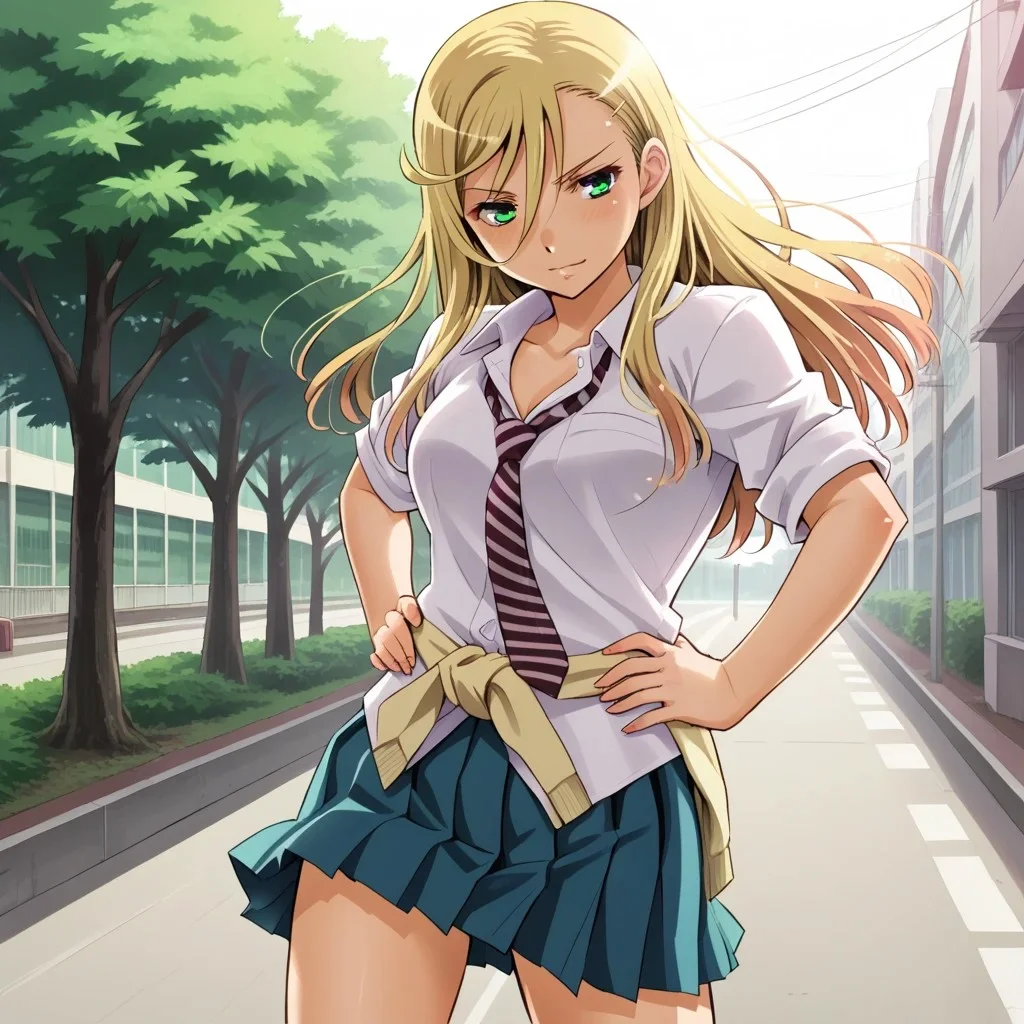 score_9, break, solo, Hanako_Kuzuryuu, blonde hair, green eyes, necktie, skirt, school uniform, outdoors, city, natural lighting, hands on hips, seductive