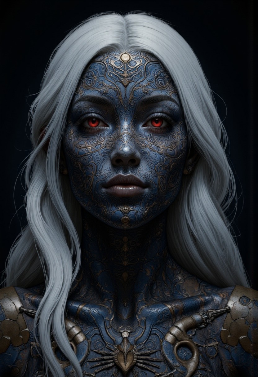 An extreme closeup portrait for an enigmatic and otherworldly woman with intricately textured metallic skin, their face and body adorned with elaborate biomechanical patterns that ripple like living armor. The figure's piercing crimson eyes glow with an intense, otherworldly energy, contrasting sharply with the cool, dark tones of their neck and face. Long, silver-white hair cascades down their back, enhancing their ethereal and alien appearance. The dimly lit, shadowy background emphasizes their enigmatic presence, evoking a sense of mystery and power.