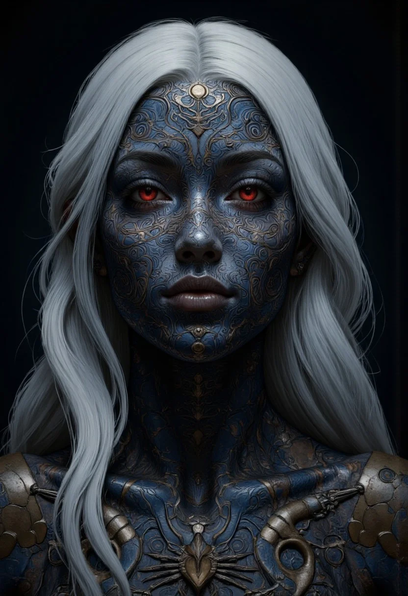 An extreme closeup portrait for an enigmatic and otherworldly woman with intricately textured metallic skin, their face and body adorned with elaborate biomechanical patterns that ripple like living armor. The figure's piercing crimson eyes glow with an intense, otherworldly energy, contrasting sharply with the cool, dark tones of their neck and face. Long, silver-white hair cascades down their back, enhancing their ethereal and alien appearance. The dimly lit, shadowy background emphasizes their enigmatic presence, evoking a sense of mystery and power.