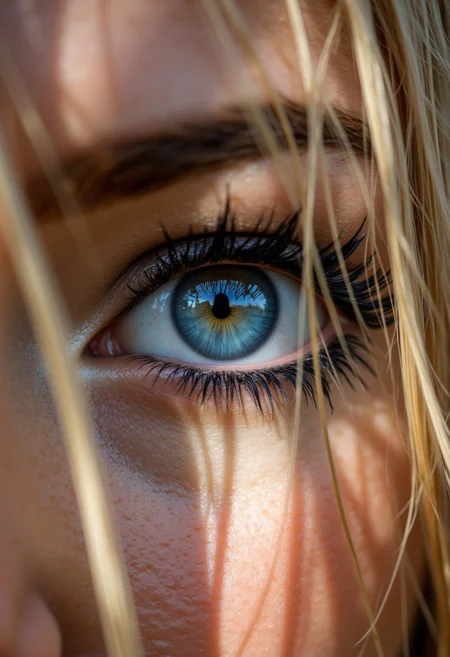detailed face, intricate details, hyperdetailed, photo, (realistic:2.0), HDR, RAW, IMG_1018.CR2, aidmafluxpro1.1, aidmaHyperrealism, ((eye close-up. Eye focus:1.3. rosy cheeks. long lashes. black eyeshadow. Wide open blue eye. Sparkling eye. Blushing cheeks)) skin texture. out of focus hair, loose hair strands. blonde. Complex sunlight shadows. Freckles.