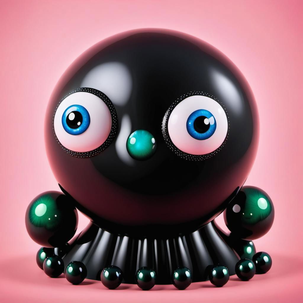 pitch black goo ball with two eyes, realistic cartoon